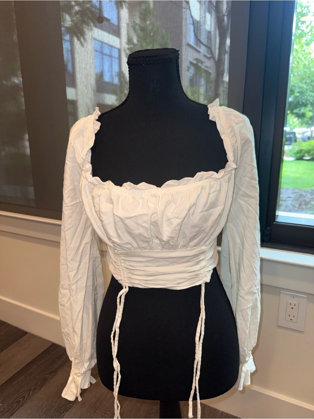 Fashion Nova White Long-Sleeve Ruched Square-Neck Crop Top